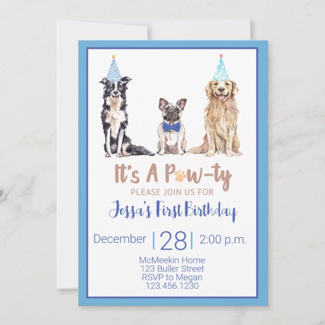 Puppy Dog Birthday Invitation Blue Animal Party (Front)