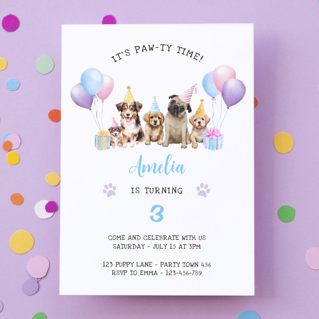 Puppy Dog Birthday Party Blue Watercolor Invitation (Creator Uploaded)