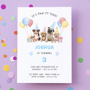 Puppy Dog Birthday Party Blue Watercolor Invitation