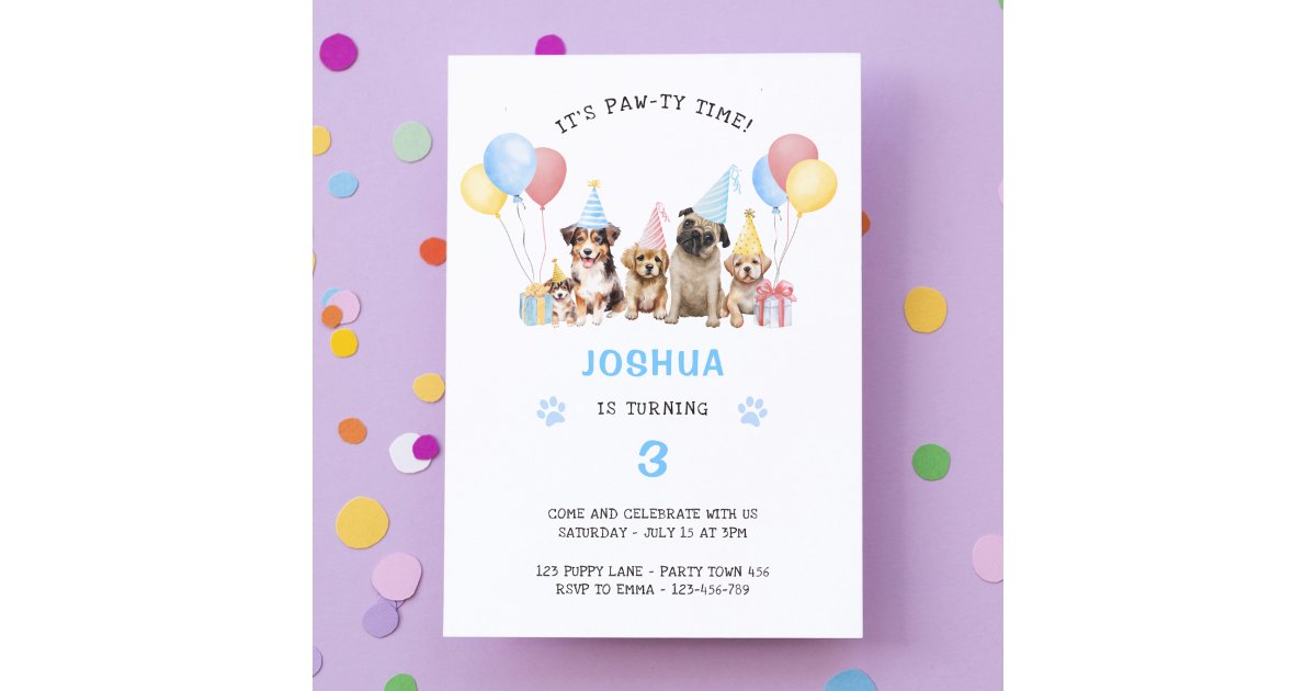 Puppy Dog Birthday Party Blue Watercolor Invitation | Zazzle