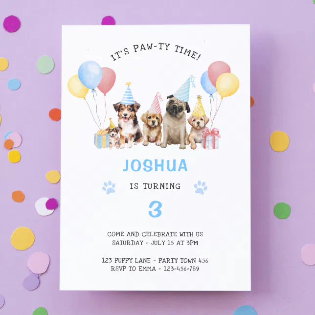 Puppy Dog Birthday Party Blue Watercolor Invitation | Zazzle