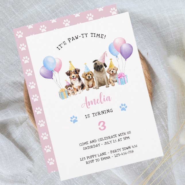 Puppy Dog Birthday Party Pink Watercolor Invitation (Creator Uploaded)