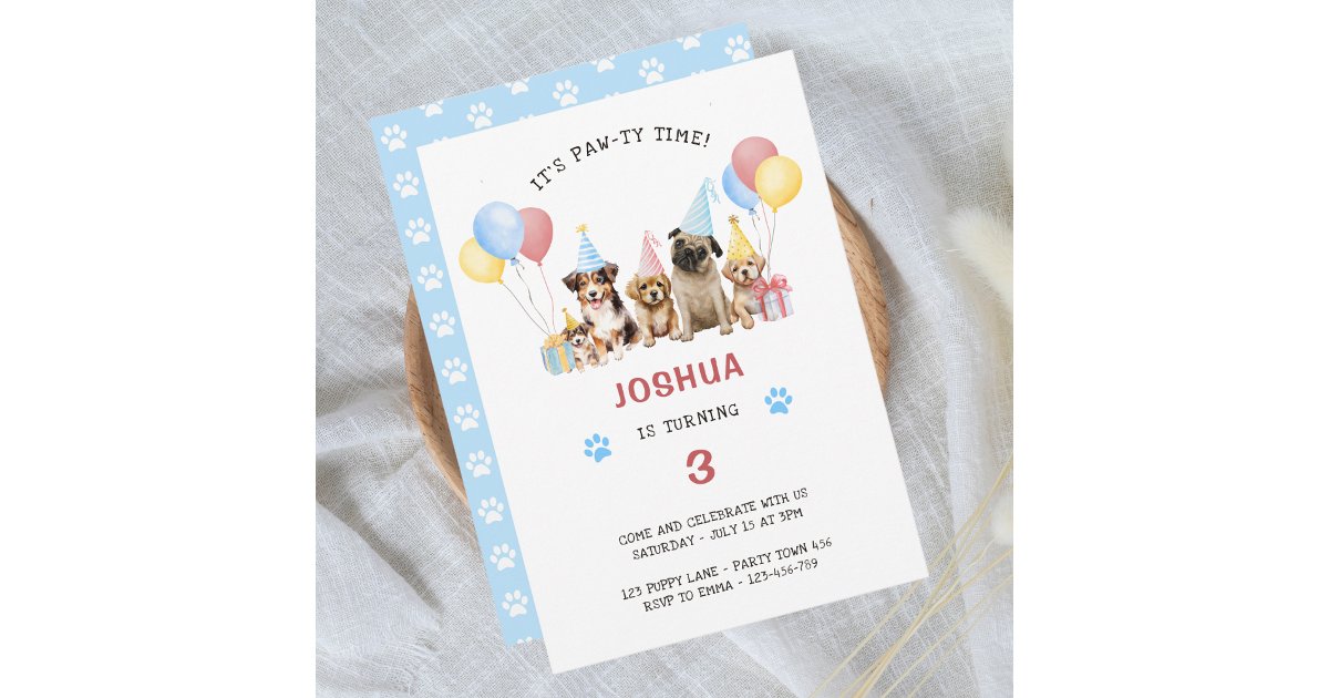 Puppy Dog Birthday Party Red Blue Watercolor Invitation | Zazzle