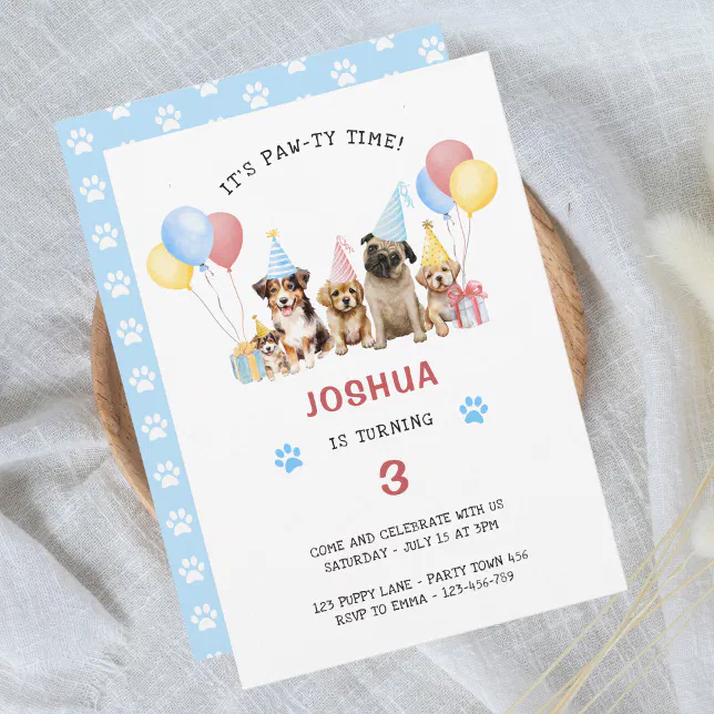 Puppy Dog Birthday Party Red Blue Watercolor Invitation | Zazzle