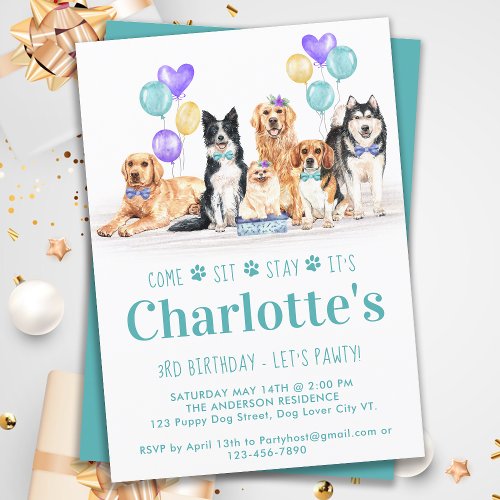 Puppy Dog Birthday Party Teal Girl Invitation