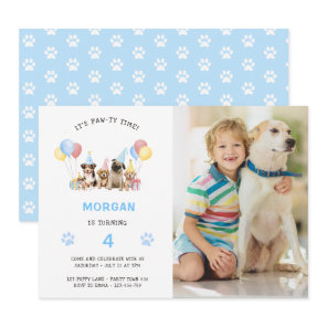 Puppy Dog Birthday Party Watercolor Photo Blue Invitation