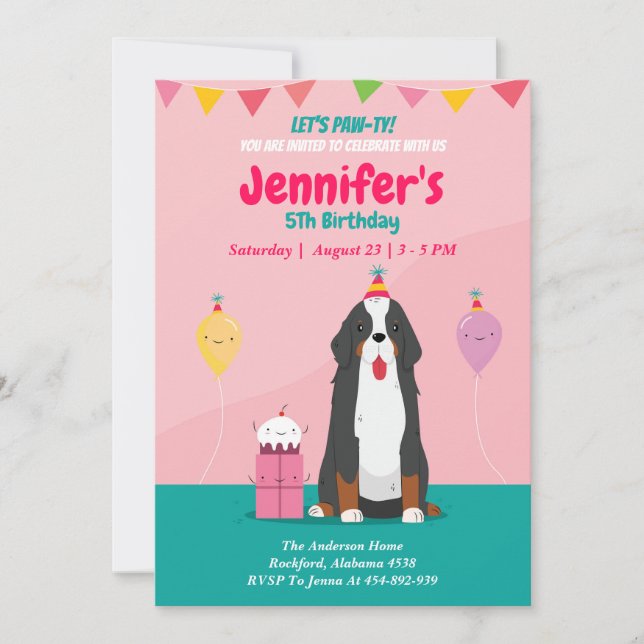 Puppy Dog Birthday Pink Invitation, Editable Invitation (Front)