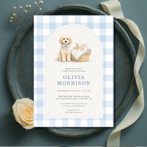 Puppy Blue Gingham or plaid baby shower invitation