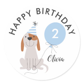 Puppy Dog Blue Happy Birthday Tag Sticker