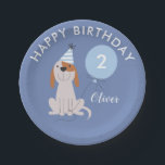 Puppy Dog Boys Birthday Party Paper Plates<br><div class="desc">Celebrate your child's birthday with this cute puppy dog illustration with a party hat and balloon. Personalize this fun birthday paper plate by adding your kid's name and age. The party hat and the balloon is in blue color.</div>