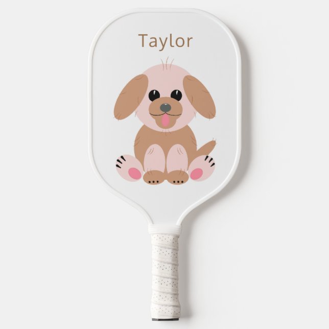 Puppy Dog Cartoon Cute Pastel Neutral Personalized Pickleball Paddle (Front)