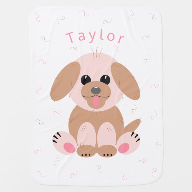 Puppy Dog Cartoon Pastel Personalized Neutral Baby Blanket (Front)