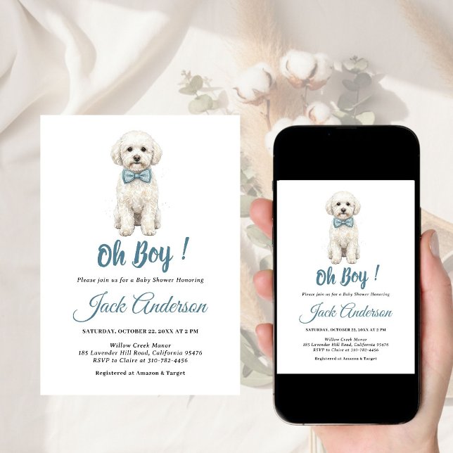 Puppy Dog Chic Blue Bow Boy Baby Shower  Invitation (Creator Uploaded)