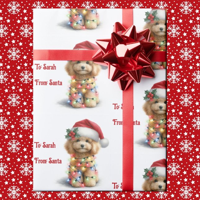 Puppy Dog Christmas Lights Personalize Name Santa Wrapping Paper (Creator Uploaded)