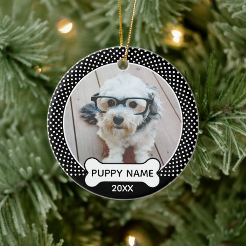 Puppy Dog Christmas Photo Polka Dot Black Ceramic Ornament