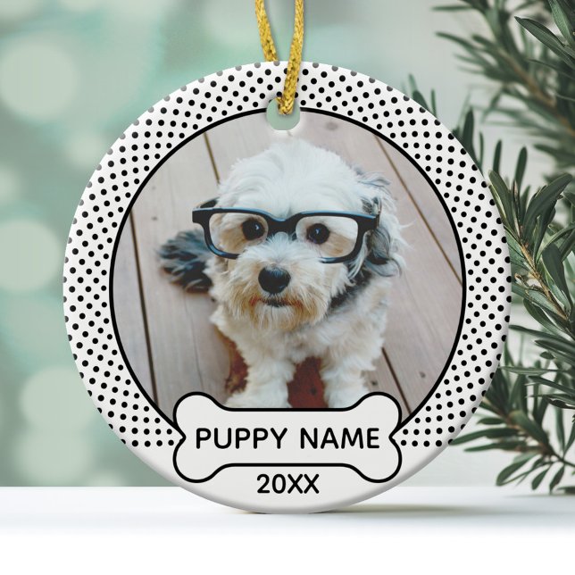 Puppy Dog Christmas Photo Polka Dot Black White Ceramic Ornament (A cute pet photo ornament with a dog bone text area)