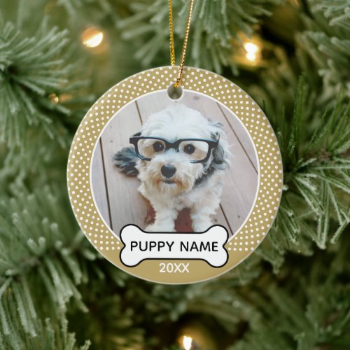 Puppy Dog Christmas Photo Polka Dot Gold Ceramic Ornament