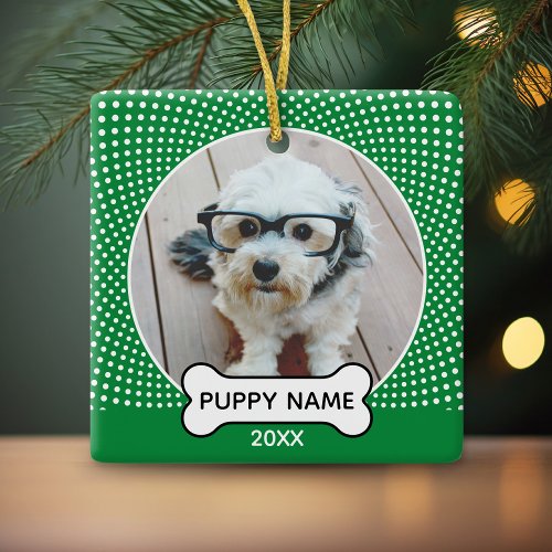 Puppy Dog Christmas Photo Polka Dot Green Ceramic Ornament