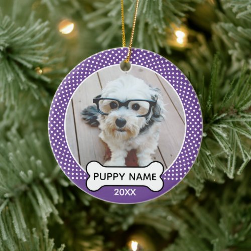 Puppy Dog Christmas Photo Polka Dot Purple Ceramic Ornament