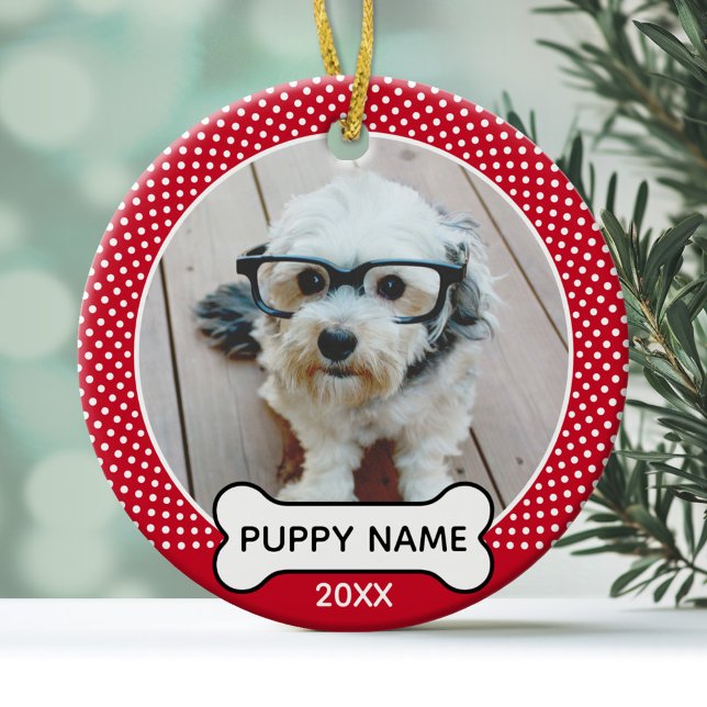 Puppy Dog Christmas Photo Polka Dot Red White Ceramic Ornament (A cute pet photo ornament with a dog bone text area)