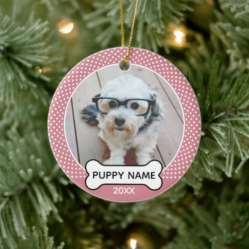 Puppy Dog Christmas Photo Polka Dot Rose Gold Ceramic Ornament