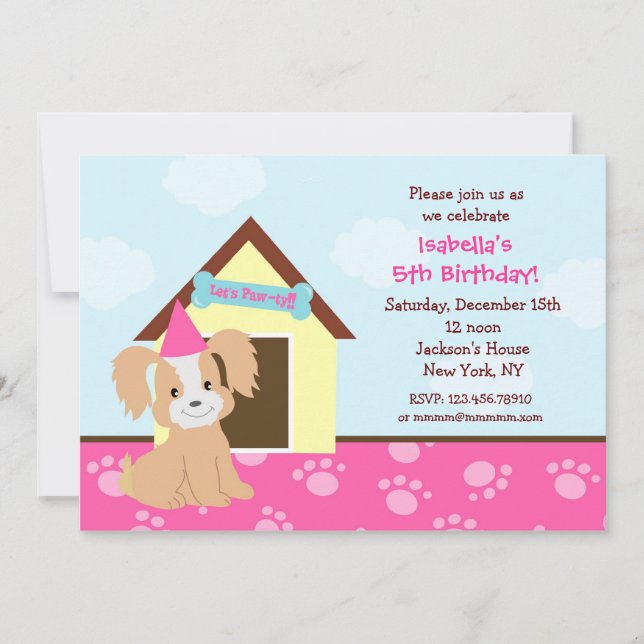 Puppy Dog Custom Birthda Party Invitations girls (Front)