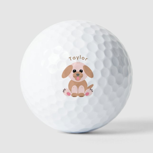 Puppy Dog Cute Cartoon Pastel Neutral Personalized Golf Balls (Front)