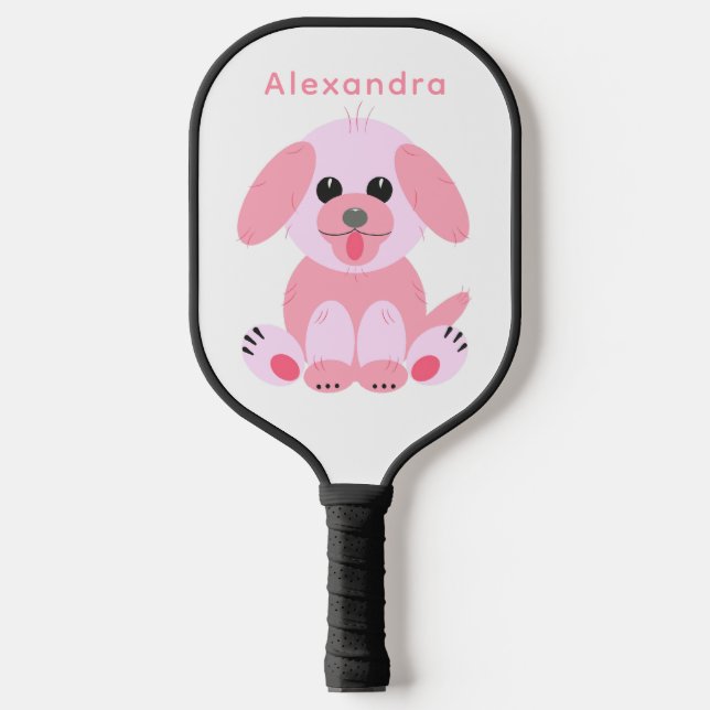 Puppy Dog Cute Cartoon Personalized Blush Pink Pickleball Paddle (Front)