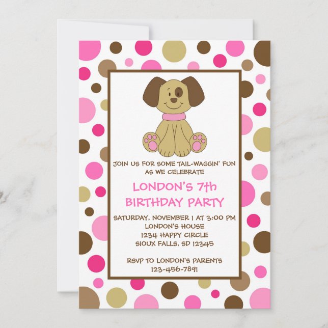 Puppy Dog Dots Pink Birthday Invitations (Front)