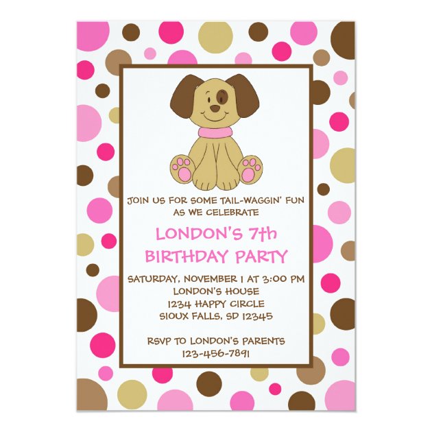Puppy Dog Dots Pink Birthday Invitations