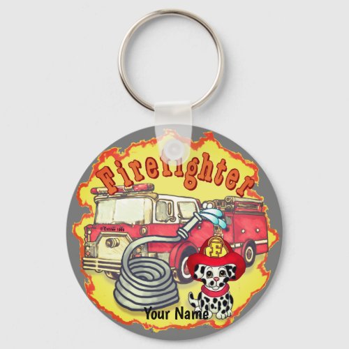 Puppy Dog Firetruck Firefighter custom name Keychain