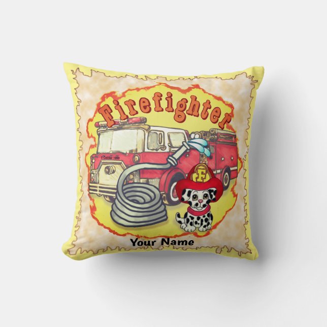 Puppy Dog Firetruck Firefighter Throw Pillow (Front)