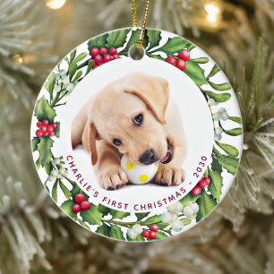 Puppy Dog First Christmas Custom 2 Photo Mistletoe Ceramic Ornament