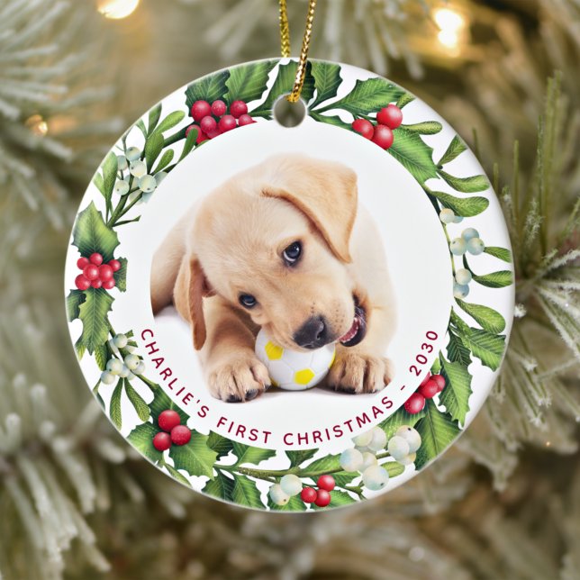 Puppy Dog First Christmas Custom 2 Photo Mistletoe Ceramic Ornament (Creator Uploaded)