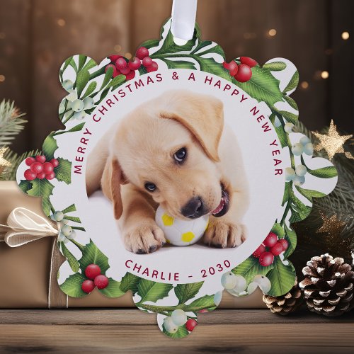 Puppy Dog First Christmas Custom 2 Photo Mistletoe Ornament Card