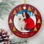 Puppy Dog First Christmas Custom Pet Photo - Red Ceramic Ornament<br><div class="desc">Personalize this Christmas ornament to celebrate your dog's first Christmas. The template is set up for you to add your favorite photo of your pet, a name and the year. Your photo is framed with gold Christmas trees and stars, on a deep red background. The back of the ornament has...</div>