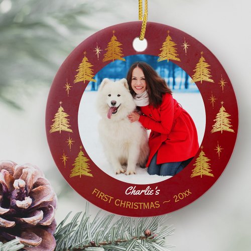 Puppy Dog First Christmas Custom Pet Photo _ Red Ceramic Ornament