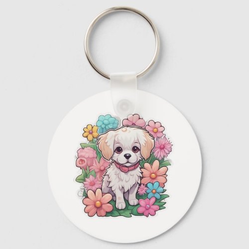 Puppy Dog Flower Floral Cute   Keychain
