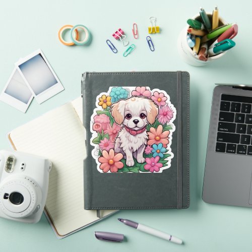Puppy Dog Flower Floral Cute   Sticker