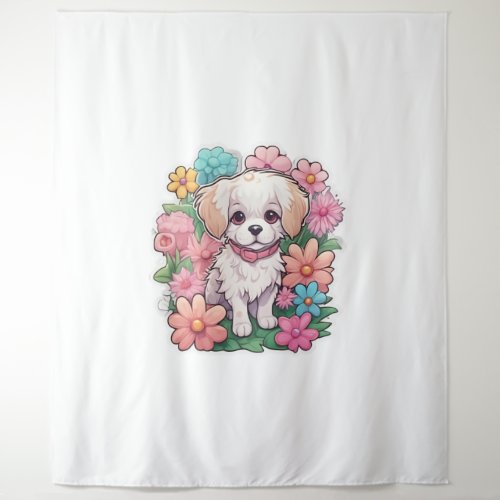 Puppy Dog Flower Floral Cute   Tapestry