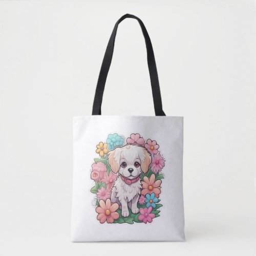 Puppy Dog Flower Floral Cute   Tote Bag