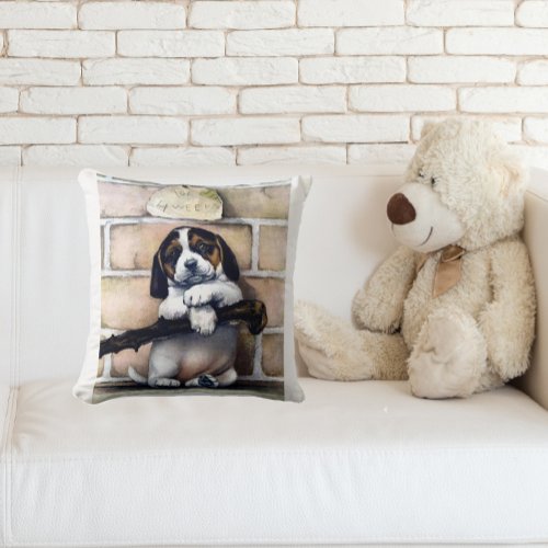 Puppy dog for sale cute vintage illustration beagl throw pillow