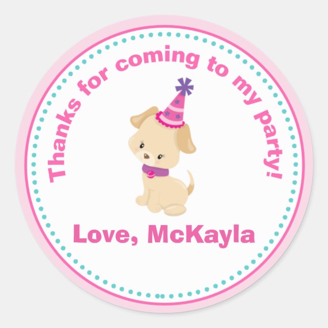 Puppy Dog Girl Birthday Party Favor Tag Sticker (Front)