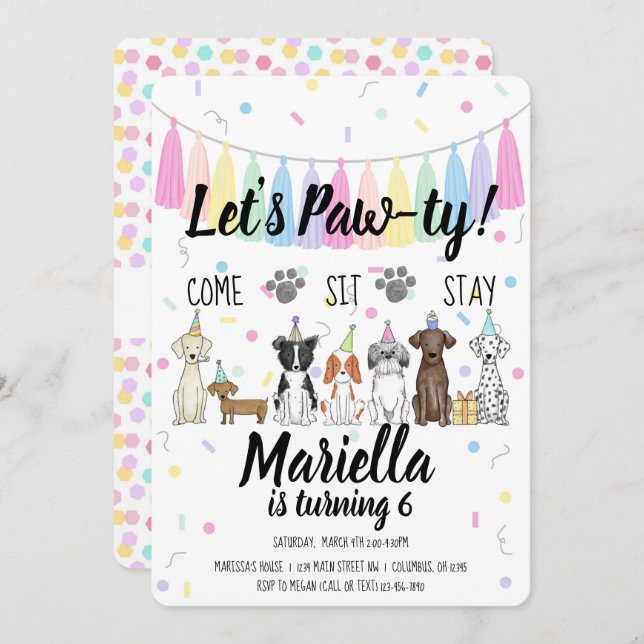 Puppy Dog Girl Birthday Pawty Invitation (Front/Back)