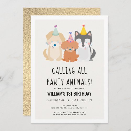 Puppy Dog Gold Glitter Pawty Animals Birthday Invitation