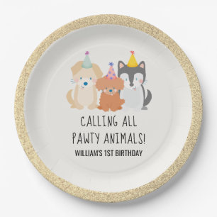 Puppy Dog Gold Glitter Pawty Animals Birthday Paper Plates