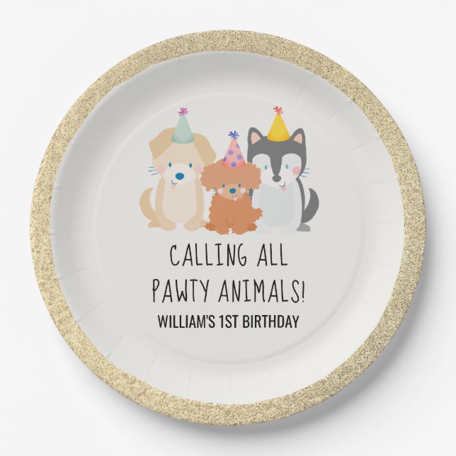 Puppy Dog Gold Glitter Pawty Animals Birthday Paper Plates (Front)