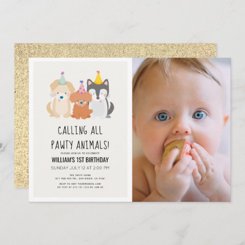 Puppy Dog Gold Pawty Animals Photo Birthday Invitation