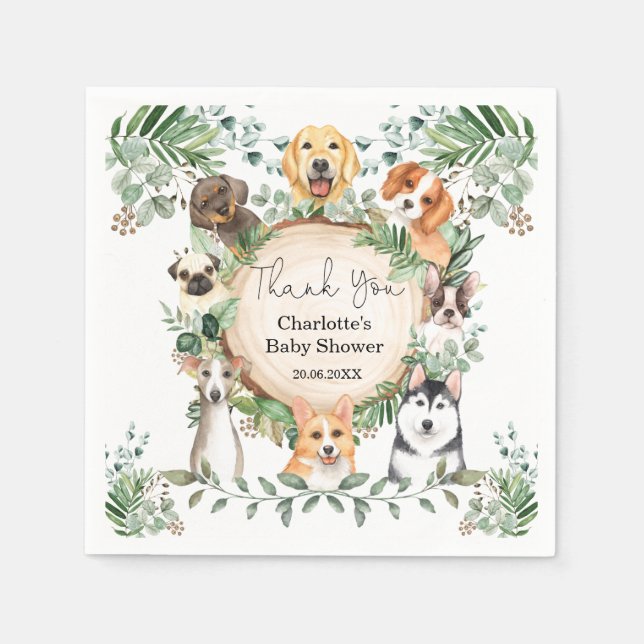 Puppy Dog Greenery Leaves Baby Shower 1st Birthday Napkins (Front)