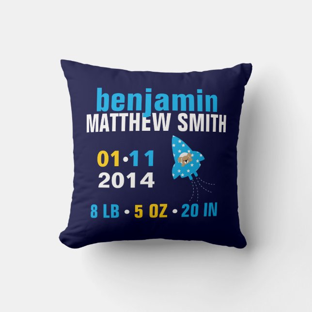 Puppy Dog in a Rocket Ship Baby Birth Announcement Throw Pillow (Front)